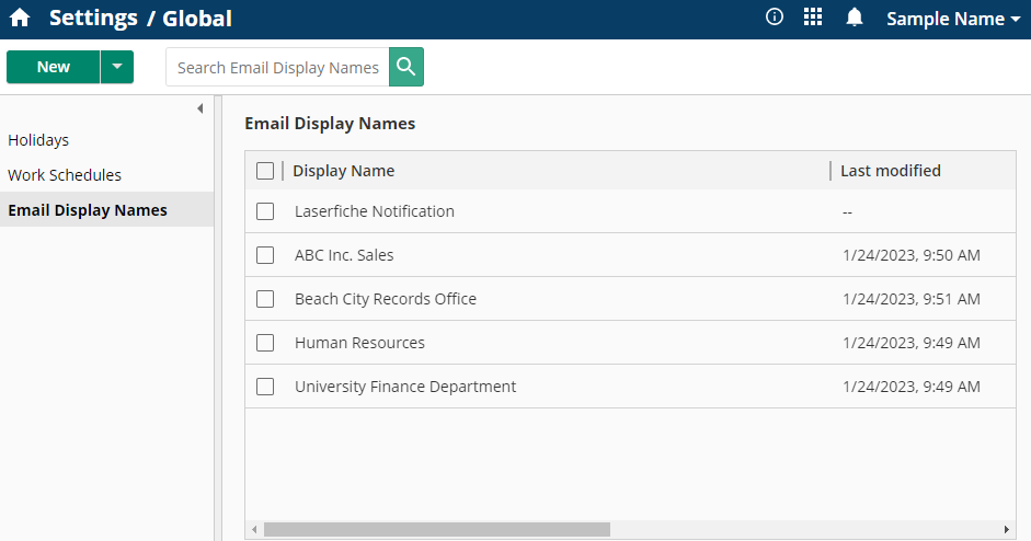 screenshot of email display names listing screenshot of email display names listing
