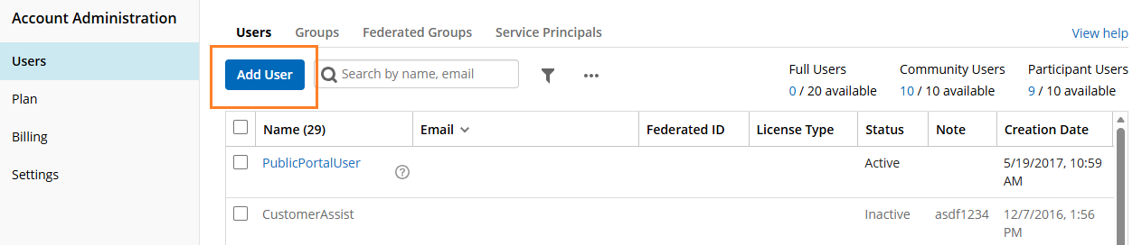 Add users in Account Administration Add User button