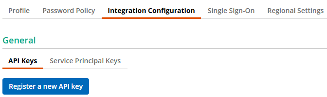 The Integration Configuration tab with the Register a new API key button
