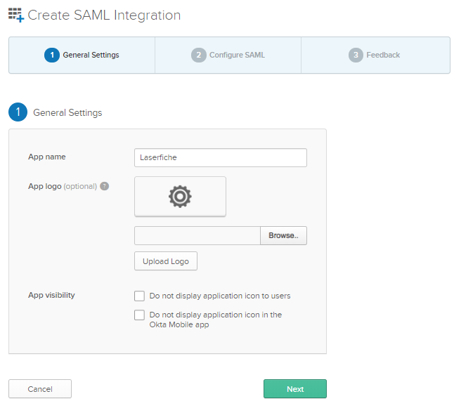 Create SAML Integration page