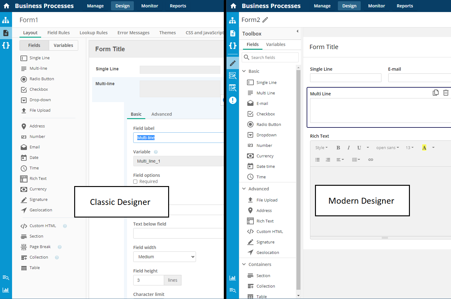 Use the form designer to create and edit forms Comparison of Classic and Modern layout of the form designer