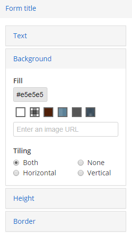This screenshot shows the background picker for the form title. The same picker is used to select a background for other parts of a form. The part of the form designer that allows a user to select a background image or pattern.