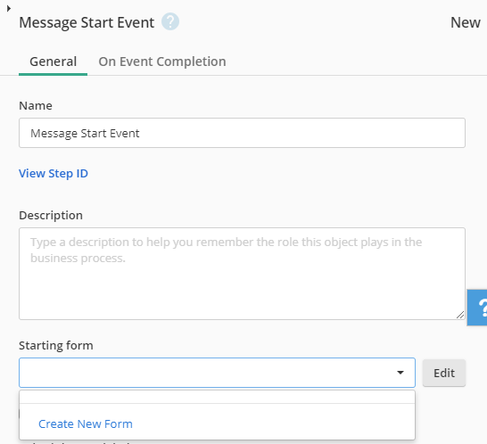 General tab in a Message Start Event
