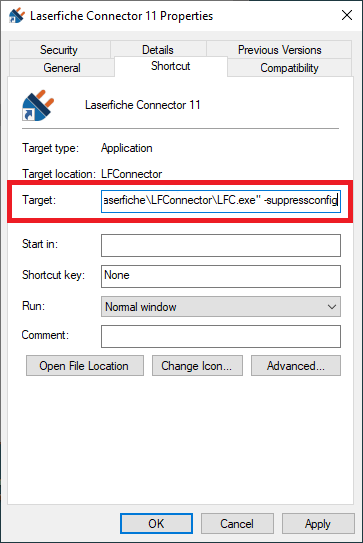 The target is updated in the Shortcut's tab of the Properties dialog box.