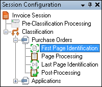 In the Session Configuration Pane, select the First Page Identification stage under the name of the document class the documents will be assigned to. First Page Identification