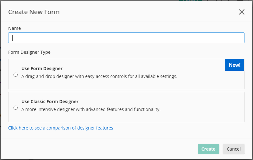 Create New Form dialog box