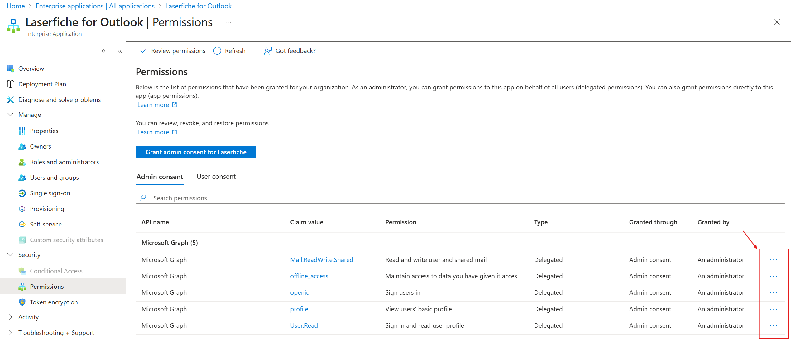 Example configuration in Azure admin center