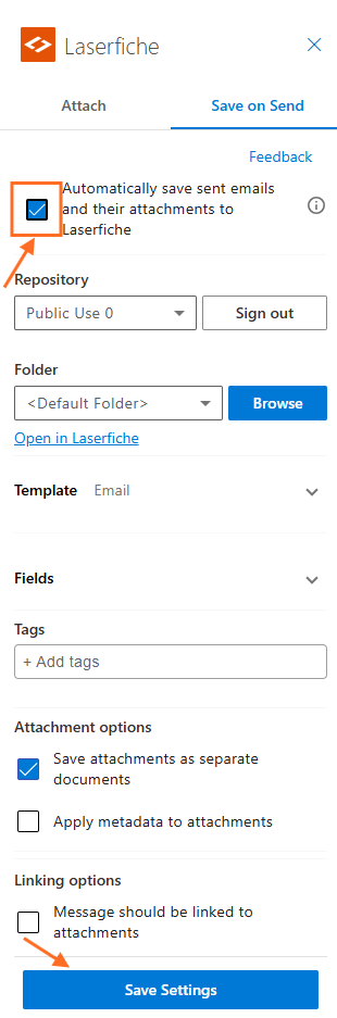 Save on Send Settings Enable Save on Send