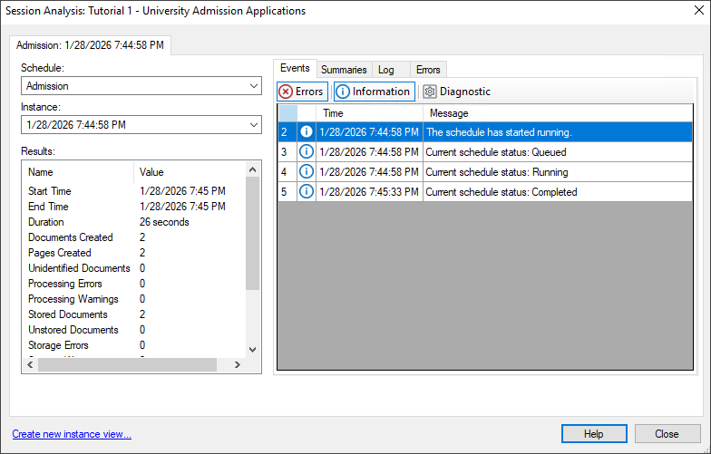 This Session Analysis dialog box displays detailed information for the selected instance Session Analysis Dialog Box