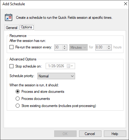 Add Schedule Dialog Box Additional options for adding a schedule