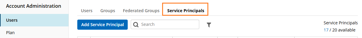 Service Principals tab