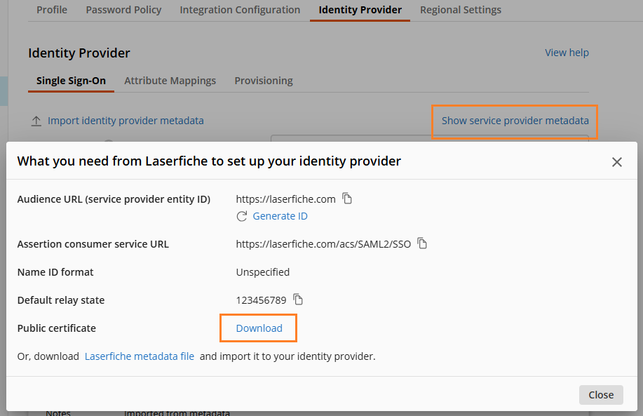 Service provider information dialog