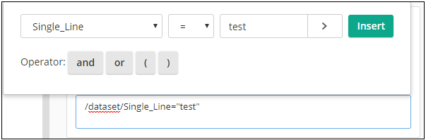 When configured this way, the conditional expression is case-sensitive. Conditional expression builder configured to match a single line field to the value "test".