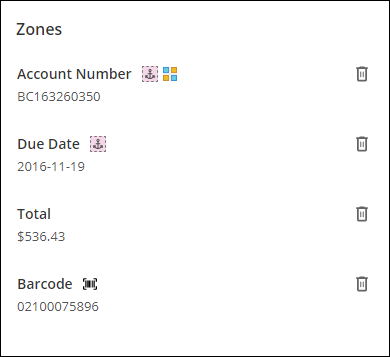 Here you can view the configured zones and information to be captured. List of Zones